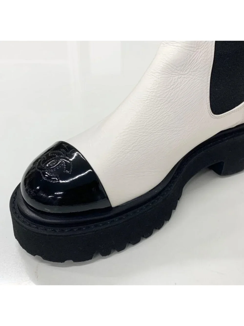 Chanel CC Logo Leather Patent Side Gore Short Boots White
